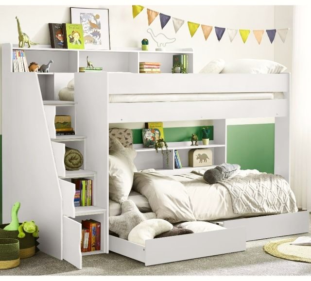 Tuscan White Wooden Staircase Bunk Bed